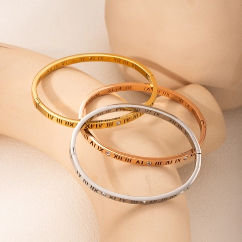 Bracciale Rigido In Acciaio Inossidabile Numeri Romani Zirconi Placcato Oro 18 Carati Gioielli Di Lusso Minimalisti Per Donna