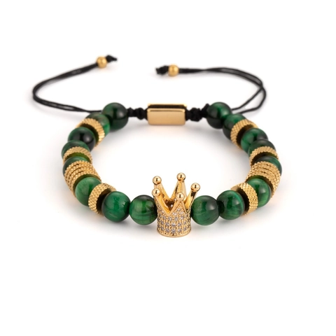 Men Beaded Bracelet Natural Tiger Eye Stone Adjustable Braided Rope Stainless Steel Crown Micro Pave Zircon Vintage