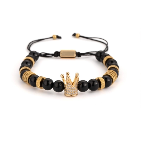 Men Beaded Bracelet Natural Tiger Eye Stone Adjustable Braided Rope Stainless Steel Crown Micro Pave Zircon Vintage