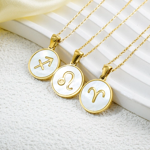 Collar de Zodiaco de Acero Inoxidable Chapado en Oro para Mujer Colgante Redondo de Nacre Joyería de Constelación Regalo