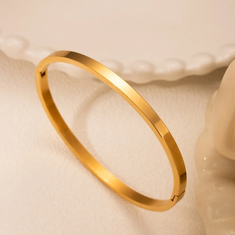 Bracciale Rigido Minimalista Superficie Liscia Acciaio Inossidabile Placcato Oro 18K Chiusura Cerniera Lucidato Per Donna Uomo