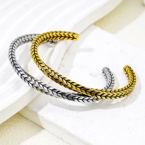 Bracciale Rigido In Acciaio Inossidabile Spiga Di Grano Vintage Placcato Oro Retro A Spina Di Pesce Per Uomo Donna Minimalista Regolabile