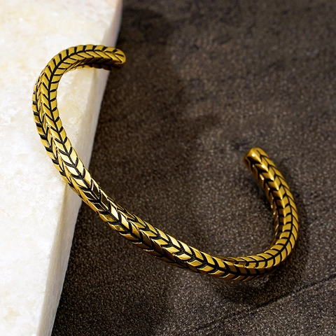 Bracciale Rigido In Acciaio Inossidabile Spiga Di Grano Vintage Placcato Oro Retro A Spina Di Pesce Per Uomo Donna Minimalista Regolabile