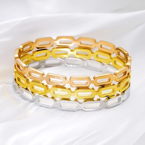Bracciale Rigido Minimalista A Maglie Rettangolari Vuote Acciaio Inossidabile Lucidato Placcato Oro 18K Gioielli