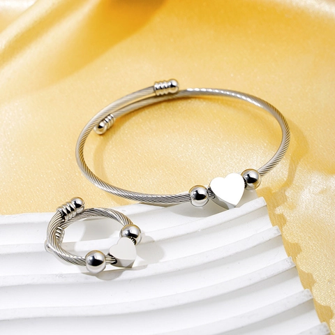 Bracciale E Anello Con Cuore Acciaio Inossidabile Cavo Intrecciato Aperto Regolabile Placcato Oro 18K Gioielli Eleganti Donna