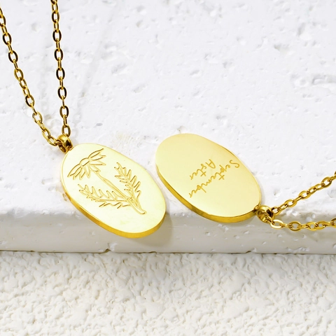 Geboortebloem Ketting Roestvrij Staal 18K Verguld Gegraveerde Ovale Hanger Minimalistische Maand Sieraden Cadeau Vrouwen