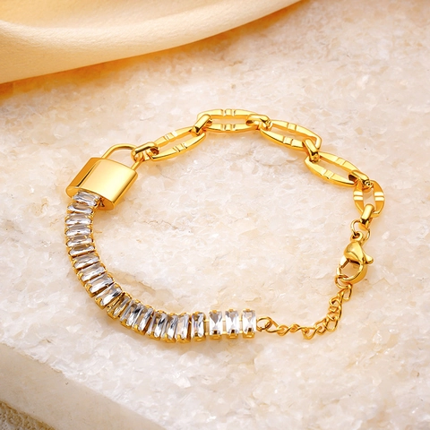 Bracelet En Acier Inoxydable Zircon Plaqué Or Asymétrique Cristal Rectangulaire Avec Pendentif Serrure Bijoux Mode