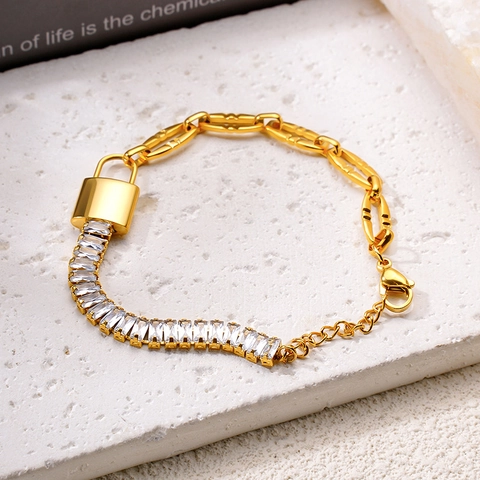Bracelet En Acier Inoxydable Zircon Plaqué Or Asymétrique Cristal Rectangulaire Avec Pendentif Serrure Bijoux Mode