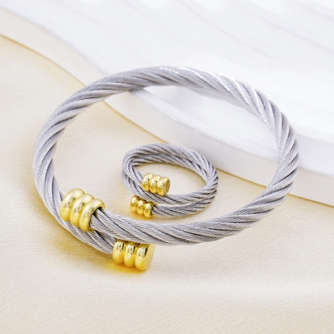 Edelstahl Gestreiftes Kabeldraht Armreif Und Verstellbarer Ring Zweifarbig Minimalistischer Schmuck Für Frauen
