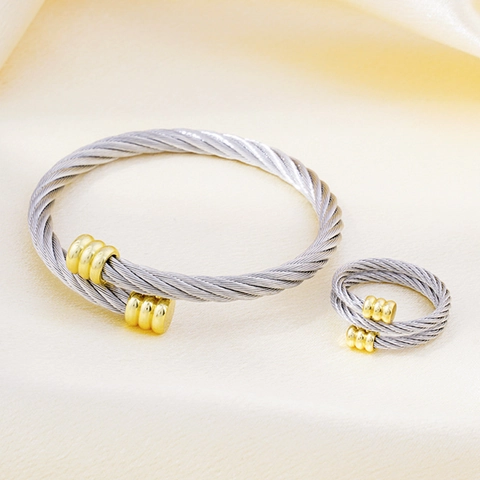 Edelstahl Gestreiftes Kabeldraht Armreif Und Verstellbarer Ring Zweifarbig Minimalistischer Schmuck Für Frauen