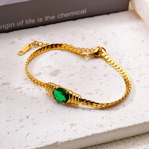 Edelstahl Armband Damen Vergoldet Schlangenkette Grüner Zirkon Herz Oval Edelstein Verstellbar Vintage Schmuck