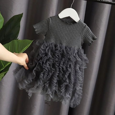 Girls Princess Dress Ribbed Cotton Top Tiered Mesh Tulle Skirt Patchwork Short Sleeve Summer Sweet Toddler Kids Fashion Outfits