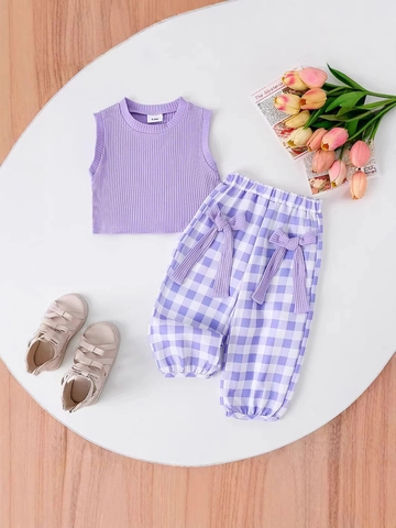 Geripptes Tanktop Und Gingham Hose Kleinkind Mädchen Sommer Outfit Bogen Dekor Ärmellos Casual