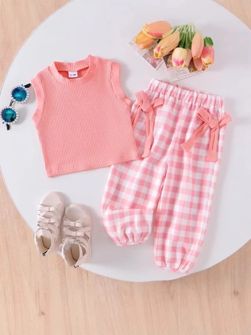 Geripptes Tanktop Und Gingham Hose Kleinkind Mädchen Sommer Outfit Bogen Dekor Ärmellos Casual