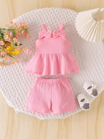 Baby Girl Summer Outfits Muslin Cotton Crepe Sleeveless Bow Camisole And Ruffle Shorts Toddler Casual Clothing