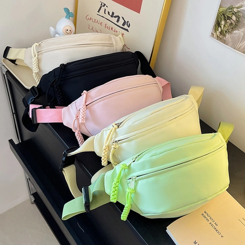 Sac de Poitrine en Toile Minimaliste Japonais pour Femmes Sac Banane Uni Polyvalent Avec Tirette Tressée Sac de Taille Réglable