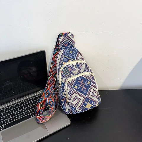 Bohemian Ethno-Stil Damen Brusttasche Nylon Gewebt Geometrisches Muster Kleine Umhängetasche Mit Breitem Jacquard-Gurt