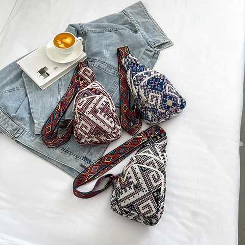 Bohemian Ethno-Stil Damen Brusttasche Nylon Gewebt Geometrisches Muster Kleine Umhängetasche Mit Breitem Jacquard-Gurt