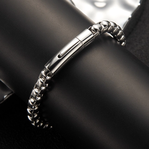 Bracciale da Uomo Minimalista in Acciaio Inossidabile a Catena Box Argento Lucidato Hip Hop Gioielli Regalo Uomo