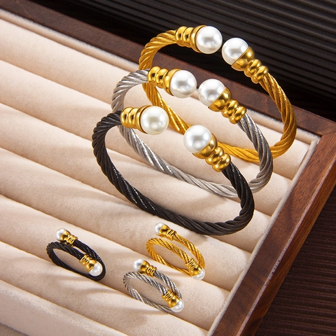 Twisted Cable Bangle And Ring Stainless Steel Artificial Pearl 18K Gold Plated Elegant Open Adjustable Jewelry For Women