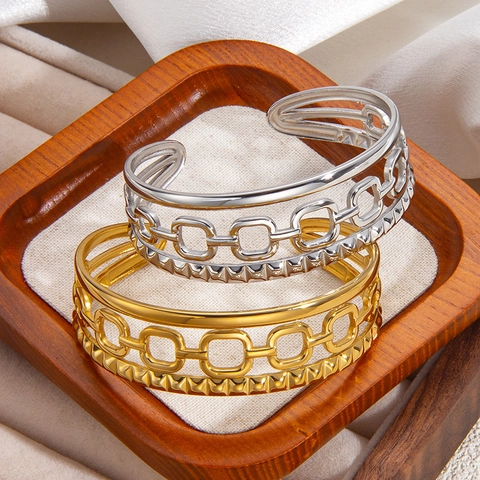 Vintage 18K Gold Plated Stainless Steel Open Cuff Bangle For Women Hollow Chain Geometric Rivet Adjustable Bracelet