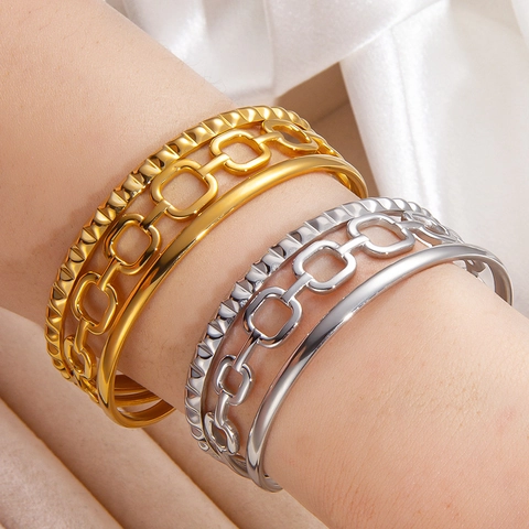 Vintage 18K Vergoldet Edelstahl Offener Armreif Für Damen Hohlkette Geometrische Niete Verstellbares Armband