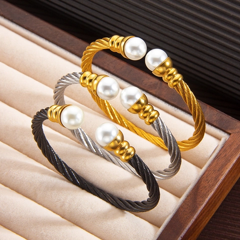 Twisted Cable Bangle And Ring Stainless Steel Artificial Pearl 18K Gold Plated Elegant Open Adjustable Jewelry For Women