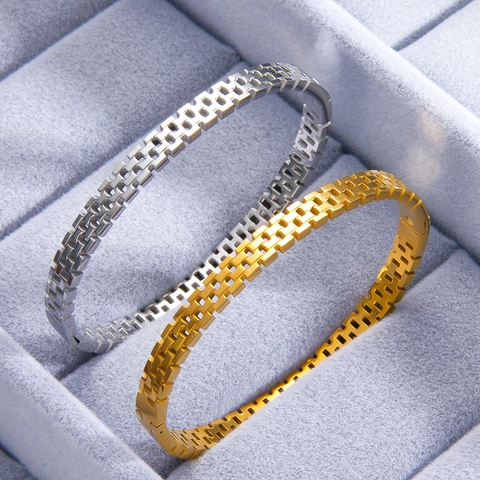 Hollow Mesh Grid Bangle Bracelet Titanium Stainless Steel 18K Gold Plated Minimalist Geometric Watchband Style For Women
