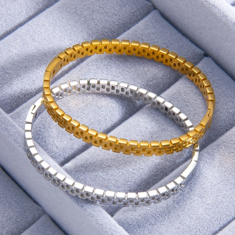 Hollow Mesh Grid Bangle Bracelet Titanium Stainless Steel 18K Gold Plated Minimalist Geometric Watchband Style For Women