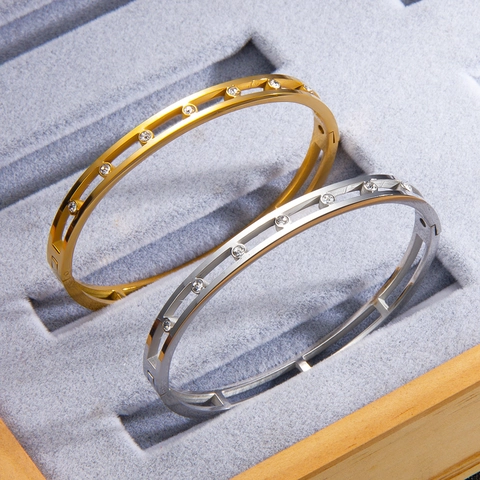 Holle Armring Van Titaniumstaal Met Fonkelende Zirkonia 18K Verguld Minimalistische Elegante Armband Voor Dames