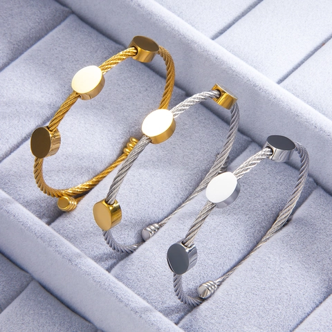 Cable Bangle Bracelet Stainless Steel 18K Gold Plated Twisted Wire Minimalist Adjustable Open Cuff Jewelry For Women