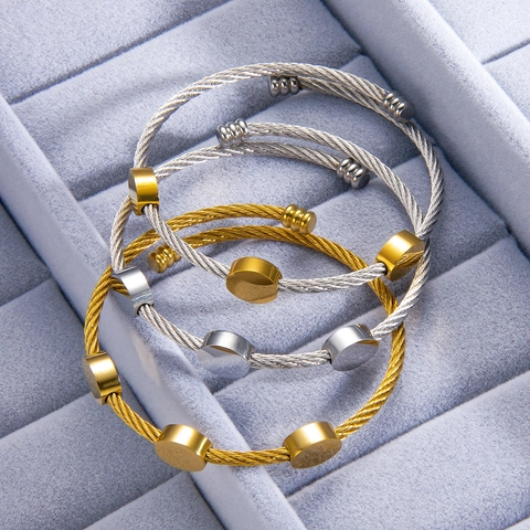 Cable Bangle Bracelet Stainless Steel 18K Gold Plated Twisted Wire Minimalist Adjustable Open Cuff Jewelry For Women