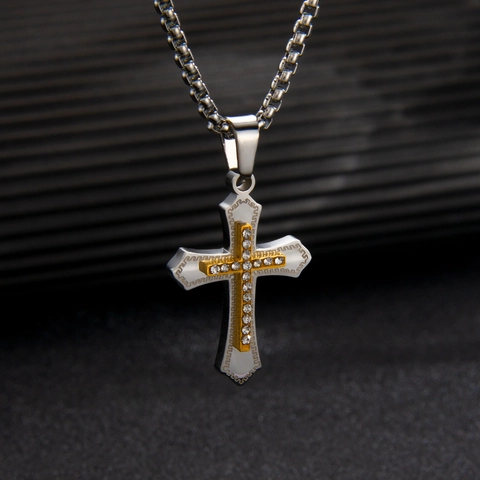 Men Hip Hop Cross Pendant Necklace Two Tone Stainless Steel Gold Plated Rhinestone Zircon Religious Fashion Box Chain