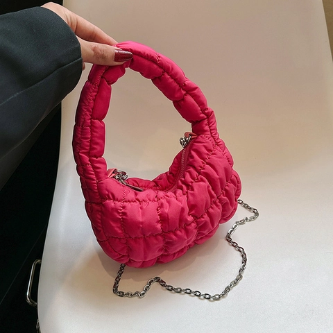 Mini Borsa A Mano Trapuntata In Nylon Da Donna Borsa A Nuvola Leggera Con Tracolla A Catena Metallica Trendy