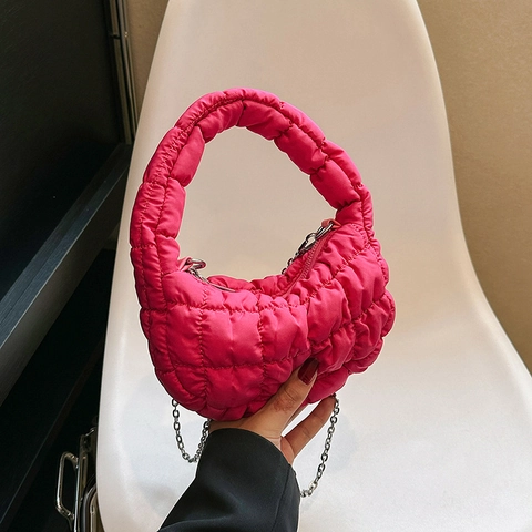 Mini Borsa A Mano Trapuntata In Nylon Da Donna Borsa A Nuvola Leggera Con Tracolla A Catena Metallica Trendy