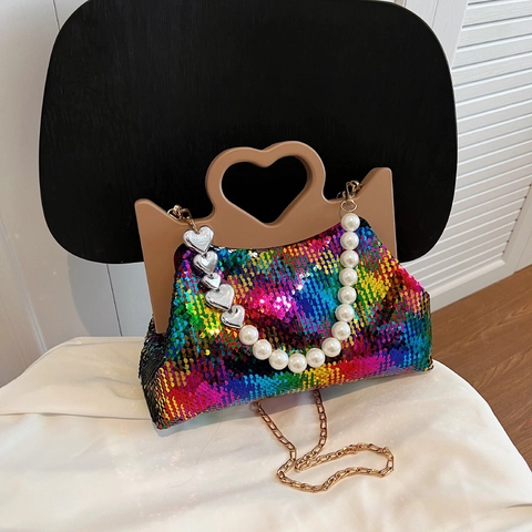 Damen Pailletten Umhängetasche Herzgriff Perlenkette Schultertasche Glitzer Abendtasche Party Clutch Handtasche