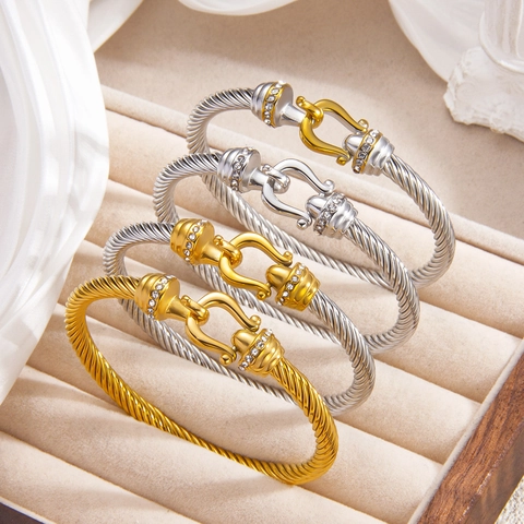 Bracciale A Cavo Intrecciato Acciaio Inossidabile Placcato Oro Strass Chiusura A Ferro Di Cavallo Gioielli Eleganti