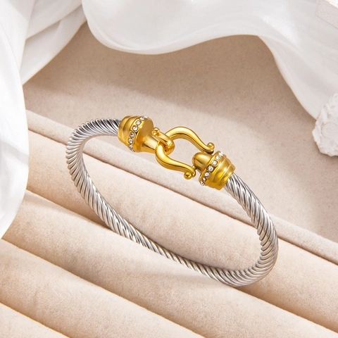 Bracciale A Cavo Intrecciato Acciaio Inossidabile Placcato Oro Strass Chiusura A Ferro Di Cavallo Gioielli Eleganti