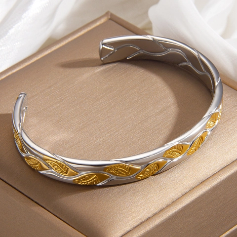 Bracciale Rigido Aperto Motivo Foglia Acciaio Al Titanio Placcato Oro 18K Bicolore Elegante Gioielli Moda Donna