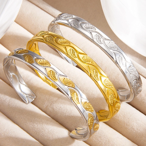 Bracciale Rigido Aperto Motivo Foglia Acciaio Al Titanio Placcato Oro 18K Bicolore Elegante Gioielli Moda Donna