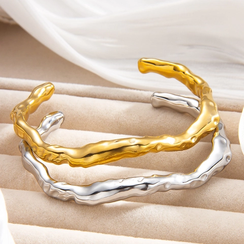 Irregular Lava Texture Open Bangle Titanium Steel 18K Gold Plated C-Shaped Liquid Metal Minimalist Bracelet Women