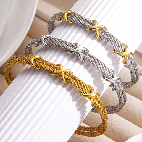 Bracciale Rigido Aperto Acciaio Inossidabile Filo Di Cavo Intρεcciato Accenti A Forma Di X Gioiello Bicolore