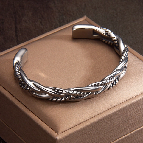 Retro Twisted Rope Cuff Bracelet Stainless Steel Braided Punk Hip Hop Minimalist Jewelry For Men Unisex Vintage Silver