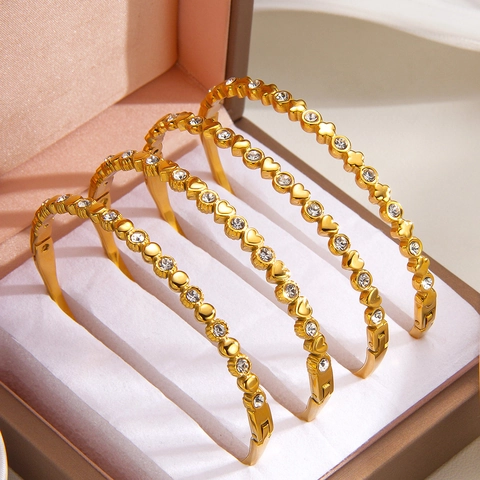 Brazalete de Acero Inoxidable con Corazón y Trébol de Strass para Mujer Chapado en Oro Zirconia Gota de Agua Joyería
