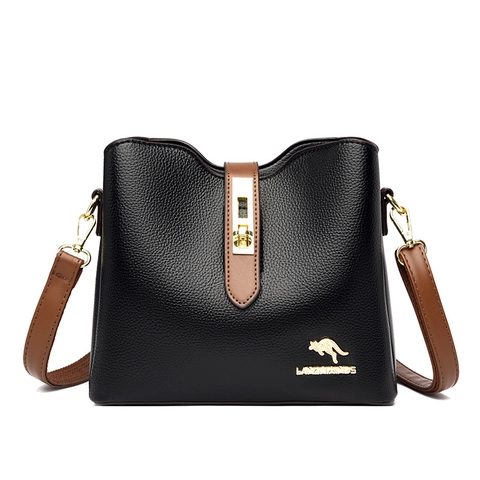 Borsa A Secchiello Da Donna Pelle PU Motivo Litchi Grande Capacità Borsa A Tracolla A Spalla Hardware Dorato Tracolla A Contrasto Elegante
