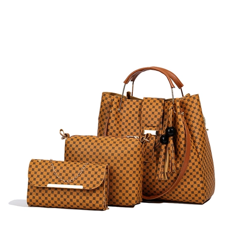 3 Pcs Women Tote Bag Set PU Leather Printed Handbag Crossbody Bag Pouch With Tassel Fashion Retro Shoulder Bag For Women