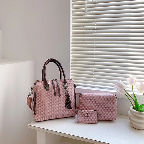 Women Woven Texture PU Leather Handbag Tote Bag Crossbody Bag And Wallet With Tassel Cat Charm Elegant Casual