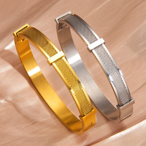 Bracciale Rigido Trama Mesh Acciaio Inossidabile Cerniera Polsino Stile Industriale Minimalista Patchwork Gioielli Moda