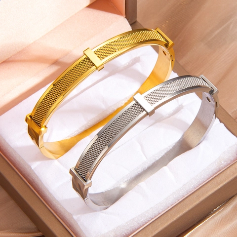 Bracciale Rigido Trama Mesh Acciaio Inossidabile Cerniera Polsino Stile Industriale Minimalista Patchwork Gioielli Moda