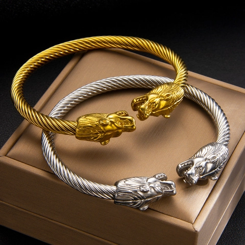 Wolf Head Cuff Bracelet Titanium Stainless Steel Adjustable Twisted Cable Viking Retro Punk Jewelry For Men